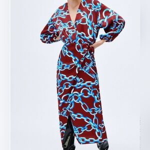 ZARA Chainlink Print Silky Wrap Midi Dress Small